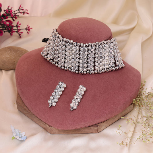 Beautiful Silver Color Oxidised Necklace Set Highlighting Intricate Artisanal Carvings