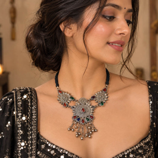 Vibrant Multi Color Oxidised Necklace Set Accentuated with Colorful Beads