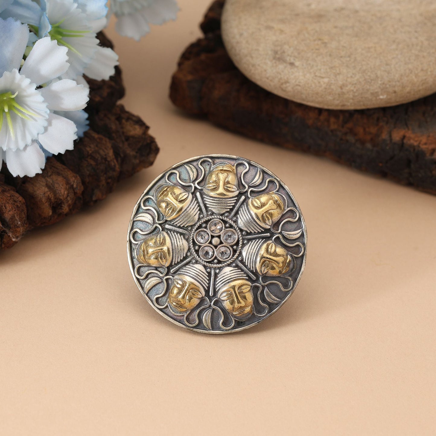 Gold & Silver Color Dual Tone Oxidised Rings Featuring Elegant Metallic Contrast With Artistic Detailing