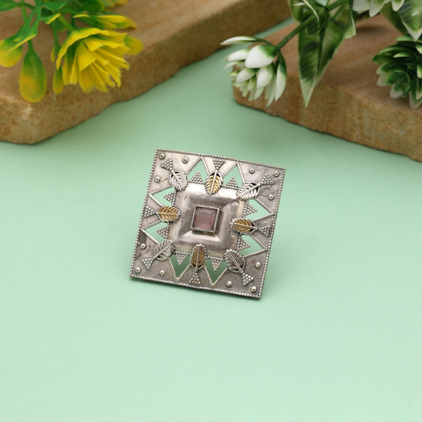 Light Pink Color Dual Tone Oxidised Rings Blending Delicate Soft Tones With Detailed Oxidised Artistry