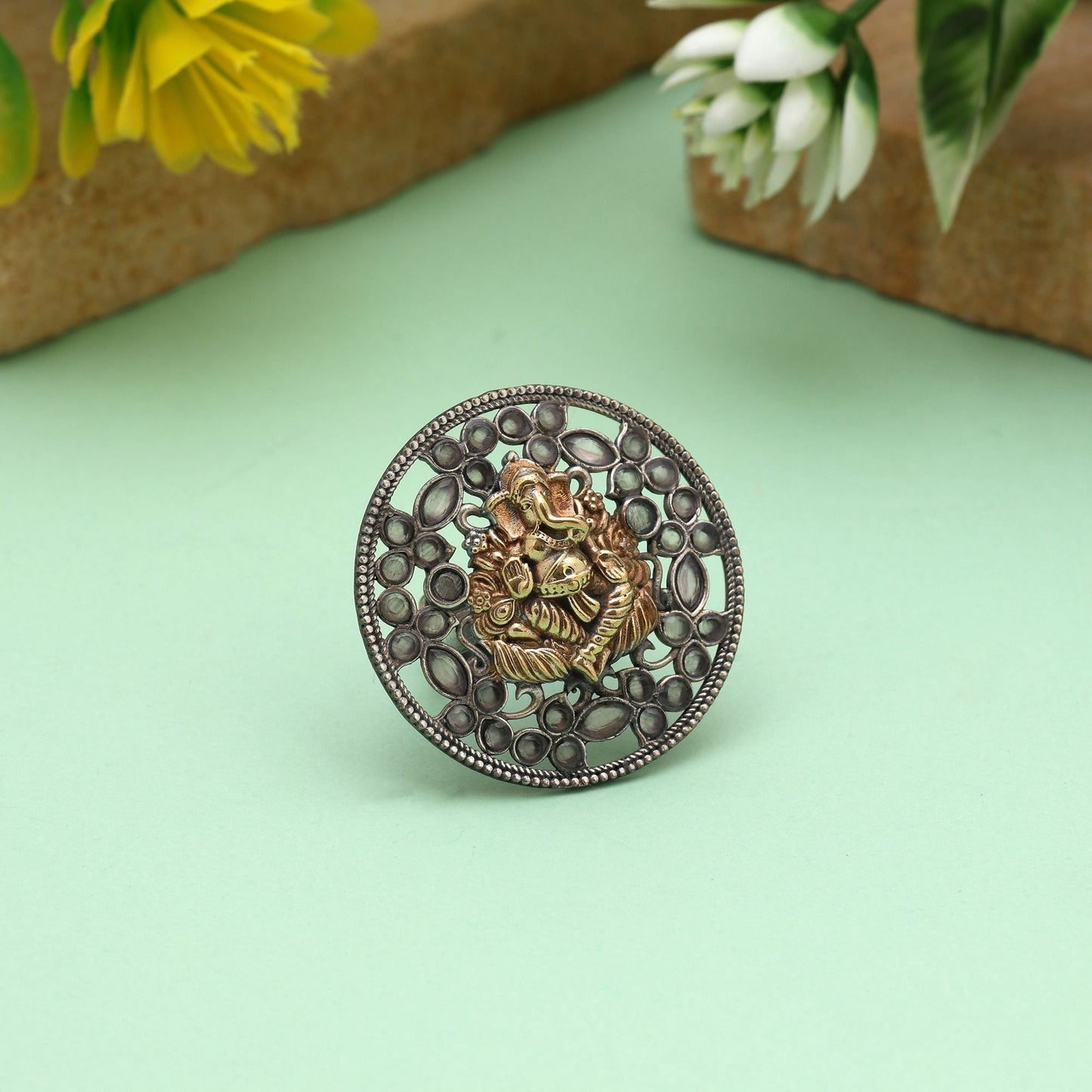 Gold & Silver Color Dual Tone Oxidised Rings Highlighting Dual Metallic Shades With Intricate Carved Motifs