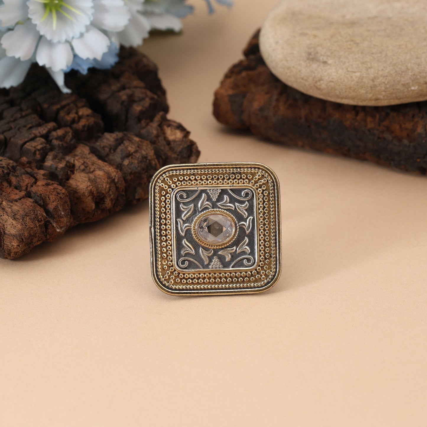 Gold & Silver Color Dual Tone Oxidised Rings Combining Classic Metallic Tones With Ornate Oxidised Details