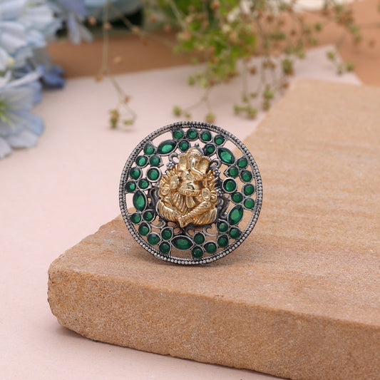Green Color Dual Tone Oxidised Rings Featuring Premium Handmade Traditional Style