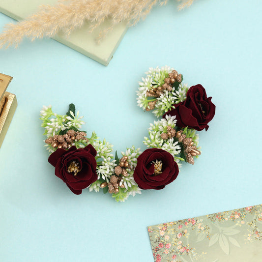 Maroon Color Rose Flower Gajra For Women Hair Pin Design