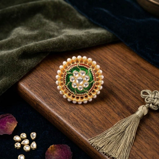 Green Color Meena Work Fashion Rings Elegant Ethnic Jewelry Design