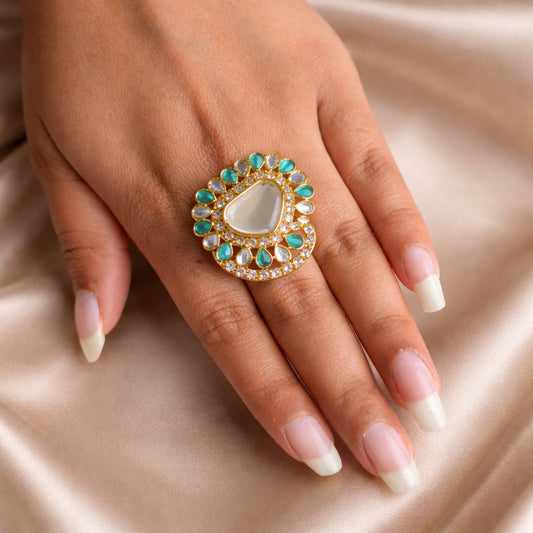 Green Color Stone Fashion Rings Elegant Ethnic Jewelry Stylish Party Wear Ring For Women