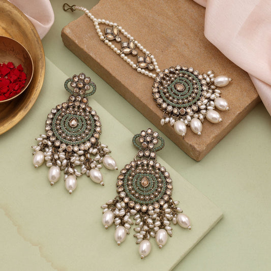 Stylish Pista Green Color Kundan Earrings Tikka Set With Graceful Design