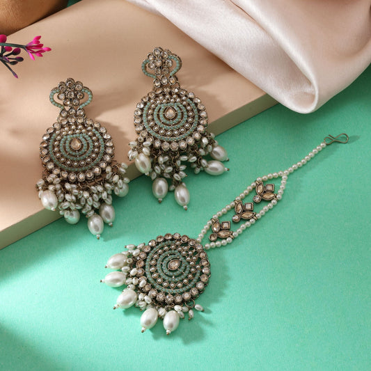 Trendy Sky Blue Color Kundan Earrings Tikka Set For Traditional Indian Outfits