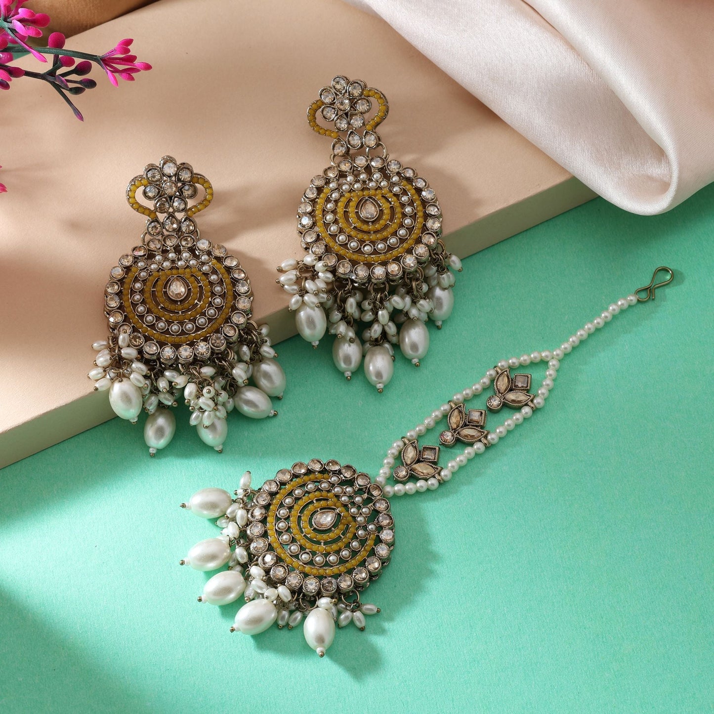 Bright Yellow Color Kundan Earrings Tikka Set Ideal For Festive And Casual Wear