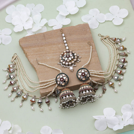 Multi Color Kundan Earrings Tikka Set With Traditional Bridal Kundan Earrings Design