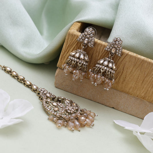 Gold Color Kundan Earrings Tikka Set With Elegant Wedding Ready Kundan Earrings