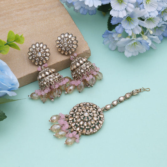 Pink Color Kundan Earrings Tikka Set Crafted For Feminine Festive Kundan Earrings Wear