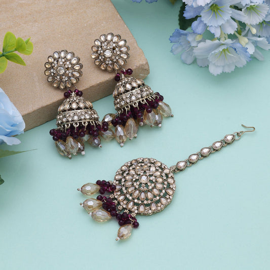 Purple Color Kundan Earrings Tikka Set Inspired By Royal Festive Kundan Earrings