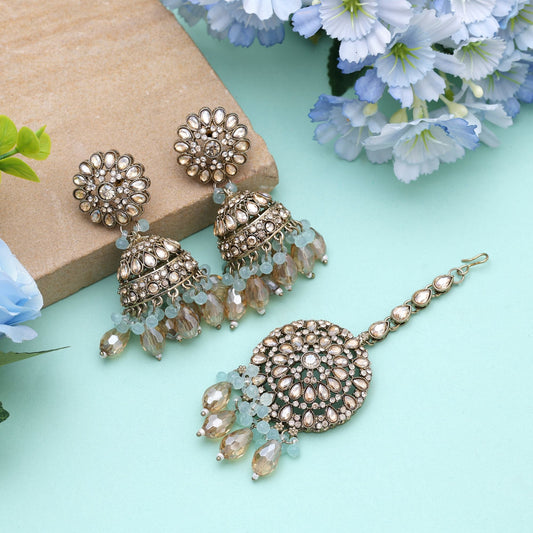 Sky Blue Color Kundan Earrings Tikka Set Designed For Soft Festive Kundan Earrings Looks