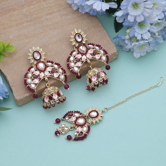 Maroon Color Meena Work Kundan Earrings Tikka Set Crafted For Bridal Kundan Earrings