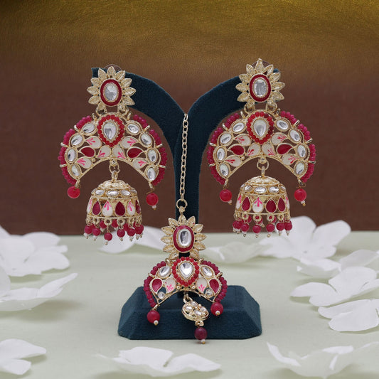 Rani Color Meena Work Kundan Earrings Tikka Set With Royal Festive Kundan Earrings