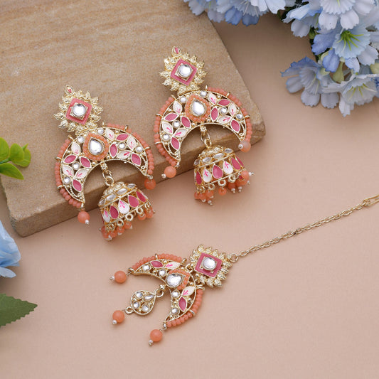 Dark Peach Color Meena Work Kundan Earrings Tikka Set With Premium Kundan Earrings Look