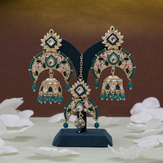 Green Color Meena Work Kundan Earrings Tikka Set Designed For Cultural Kundan Earrings