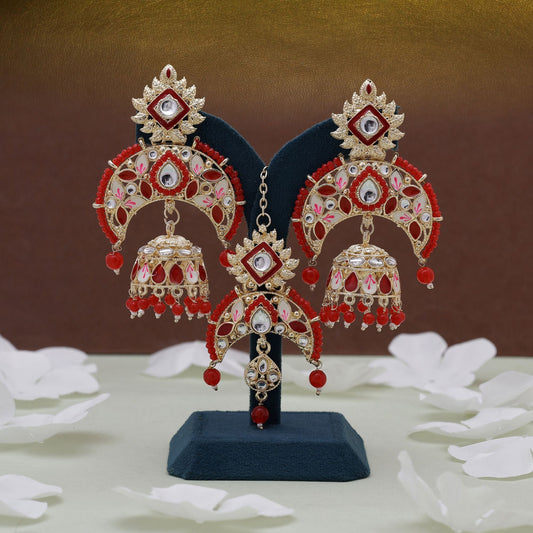 Red Color Meena Work Kundan Earrings Tikka Set Featuring Royal Traditional Kundan Earrings