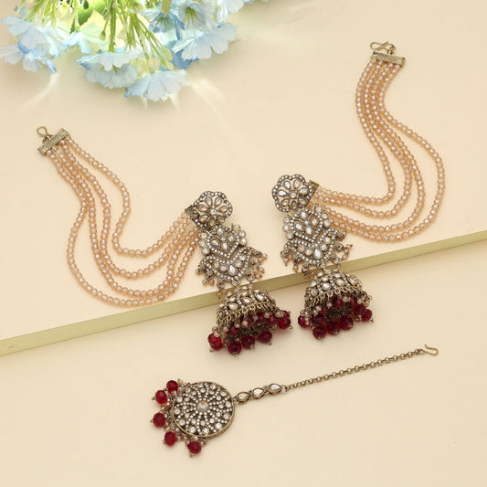 Maroon Color Big Size Jhumka Kundan Earrings Tikka Set Royal Wedding Jewelry Style
