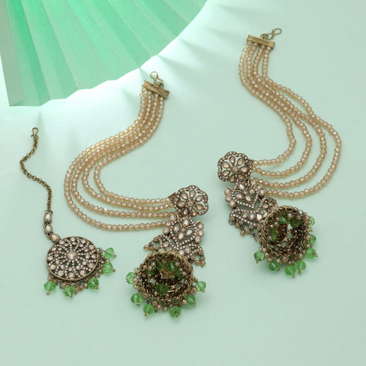 Pista Green Color Big Size Jhumka Kundan Earrings Tikka Set Elegant Festive Jewelry