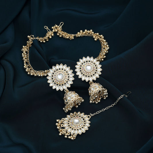 White Color Kundan Earrings Tikka Set Stylish Ethnic Party Wear Jewelry Collection