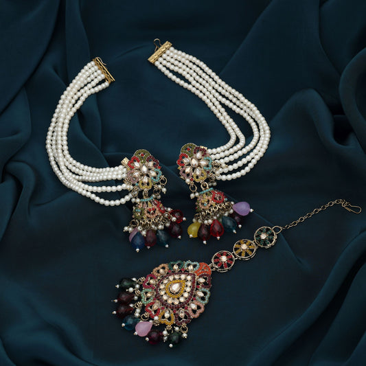 Multi Color Kundan Earrings Tikka Set Trendy Festive Ethnic Jewelry Collection