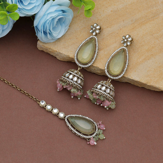 Hochwertiges Pista-Grün & Rosa Kundan Ohrringe Tikka Set für Damen