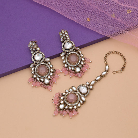 Charming Light Pink Color Kundan Earrings Tikka Set For Wedding Party Styling