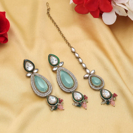 Charming Multi Color Kundan Earrings Tikka Set With Elegant Ethnic Design Appeal