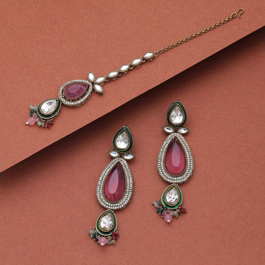Classic Multi Color Kundan Earrings Tikka Set For Women Traditional Party Collection