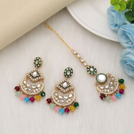 Stylish Multi Color Kundan Earrings Tikka Set For Wedding Party Fashion