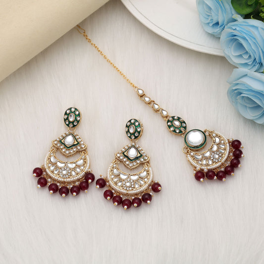 Royal Maroon Color Kundan Earrings Tikka Set For Bridal Ethnic Collection