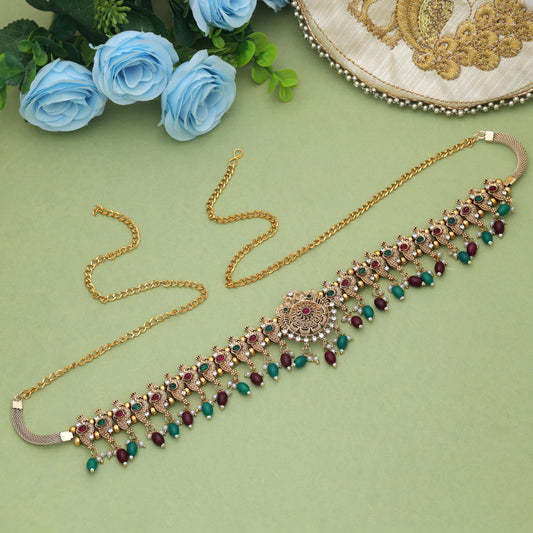 Wunderschöner Tempel-Kamarband in Kastanienbraun & Grün für Damen, als Modeaccessoire zur Hochzeitssaree
