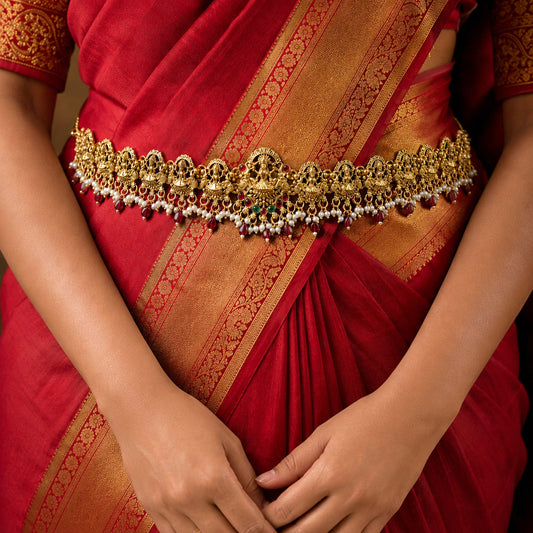 Premium Maroon Color Temple Kamarband With Classic South Indian Temple Artwork Design