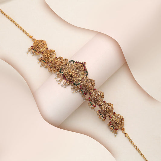 Stilvoller Kamarband in Maroon & Grün mit antikem ethnischem Schmuck-Kunstwerk-Finish