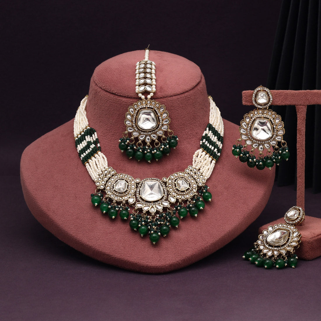 Deep Green Color Kundan Necklace Set