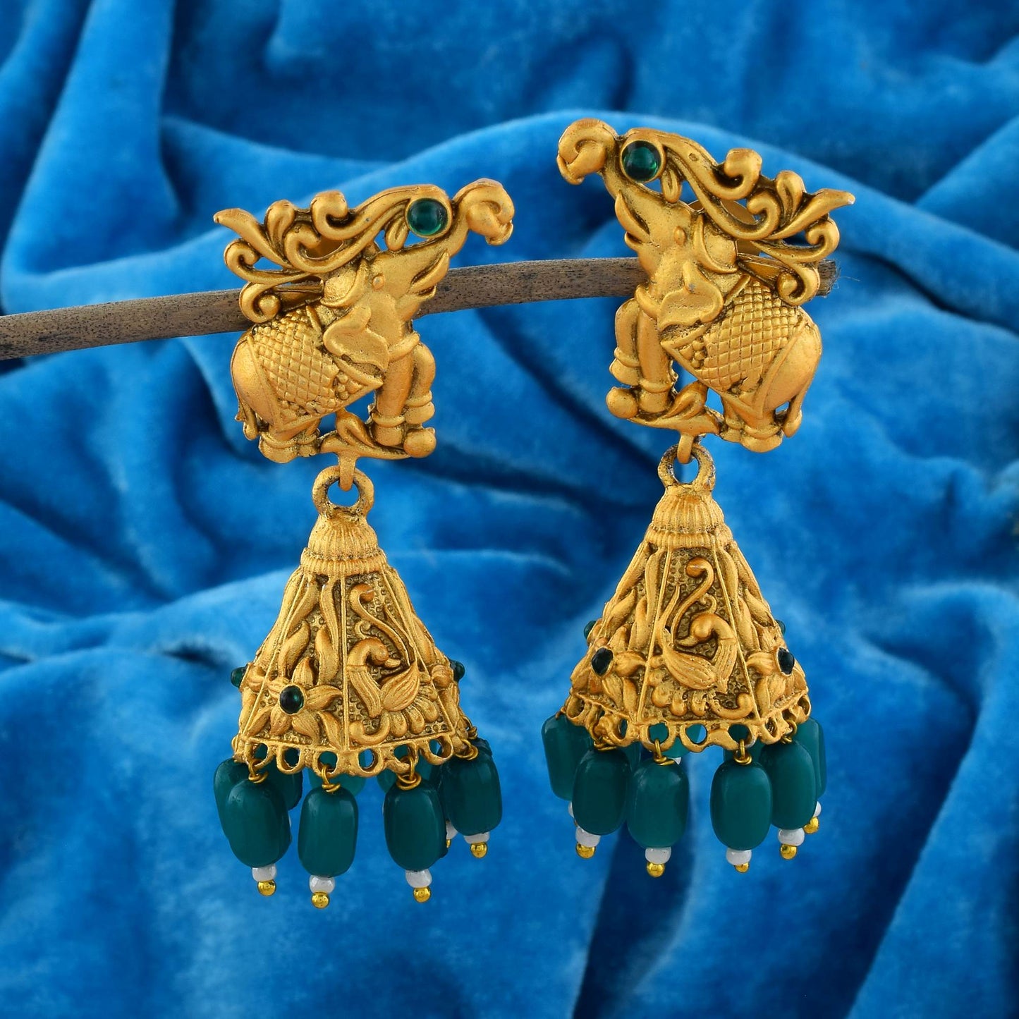 Elegant Green Color Traditional Matte Gold Earrings For Saree And Lehenga Look