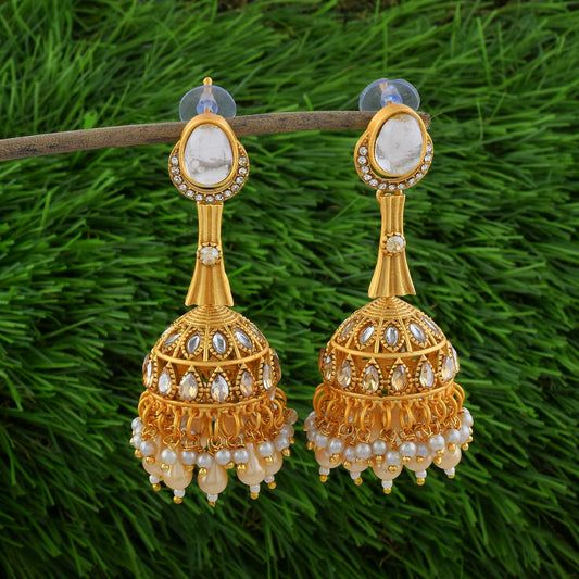 Gorgeous Gold Color Matte Gold Earrings With Artistic Temple Style Design
