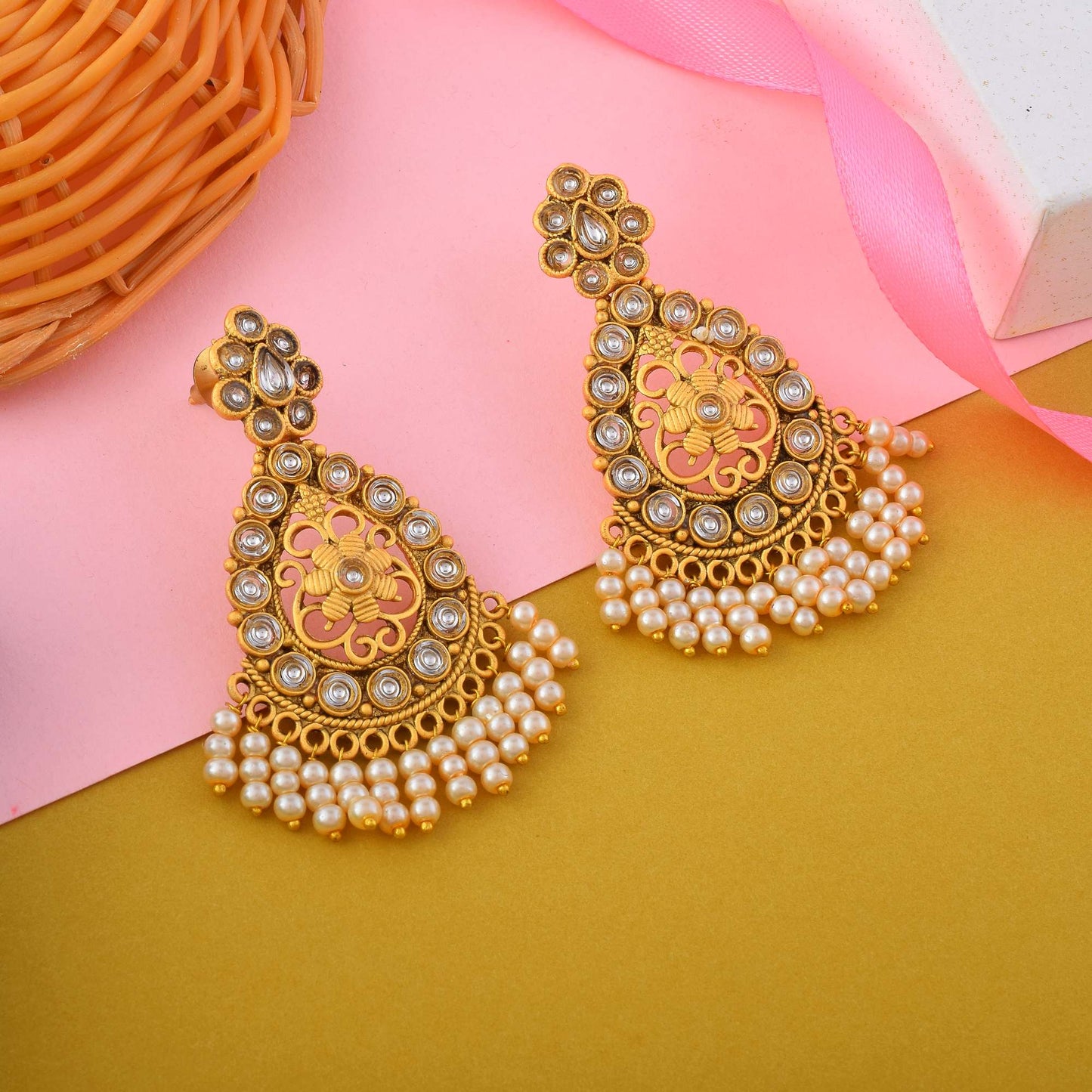 Premium Gold Color Matte Gold Earrings With Antique Design For Brides