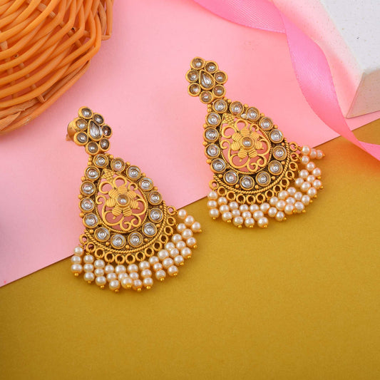 Premium Gold Color Matte Gold Earrings With Antique Design For Brides