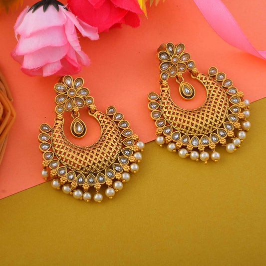 Elegant Gold Color Matte Gold Earrings With Kundan And Stone Detailing