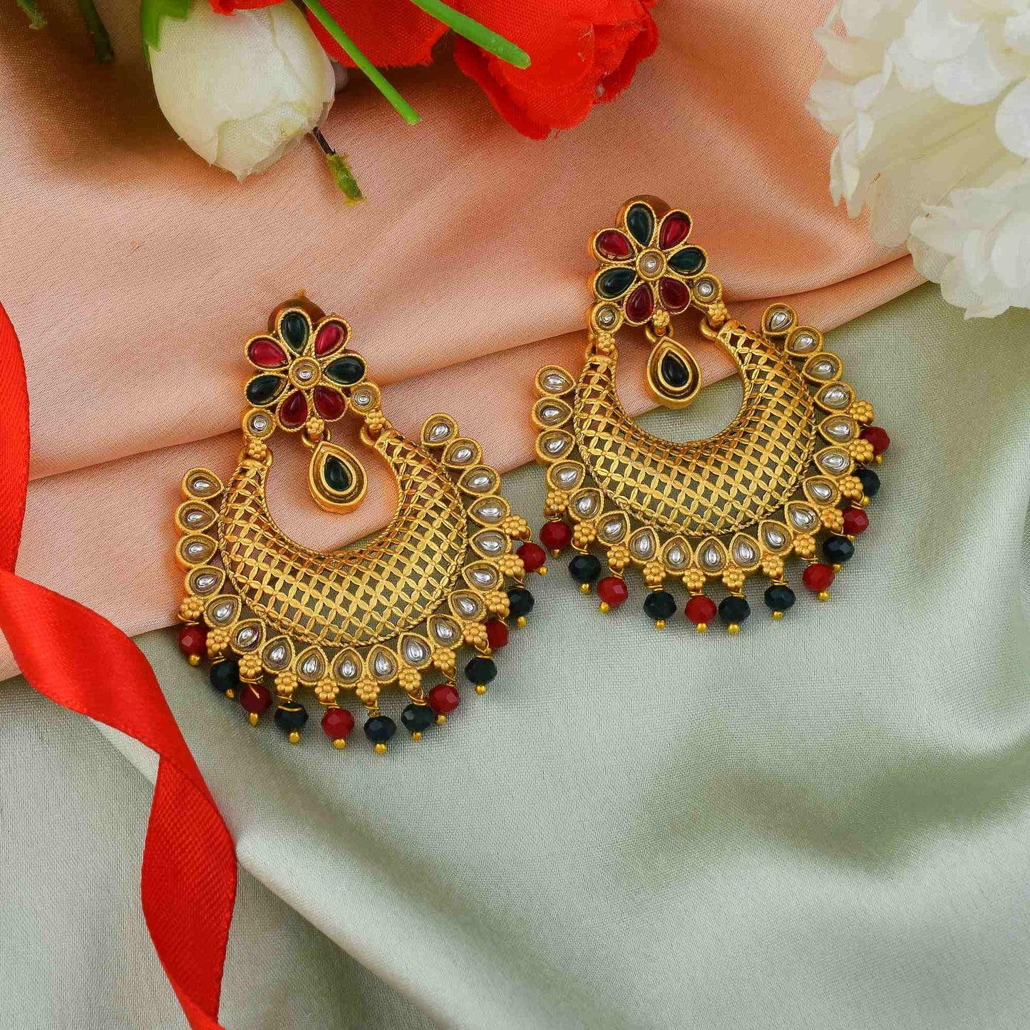 Exquisite Rani & Green Color Matte Gold Earrings For Bride’S Jewelry Collection