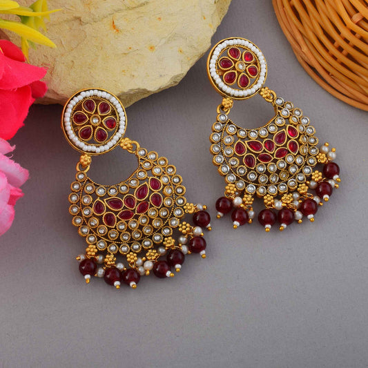 Elegant Rani Color Matte Gold Earrings With Beautiful Meenakari Craftsmanship