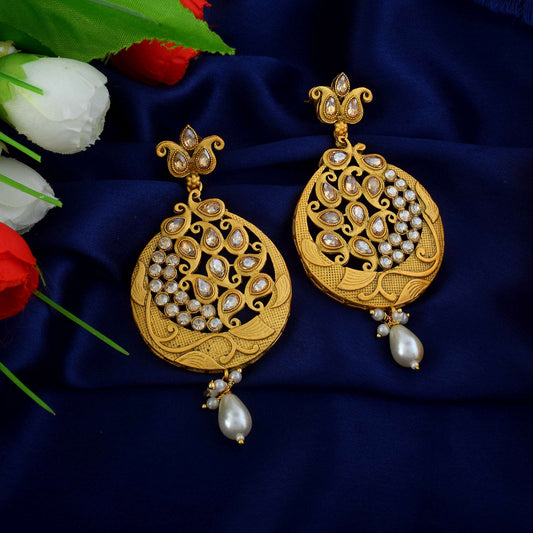 Beautiful Gold Color Matte Gold Earrings With Antique Finish For Women