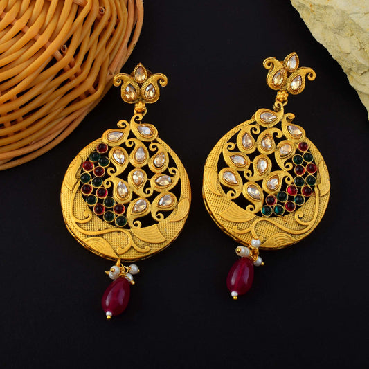 Premium Rani & Green Color Matte Gold Earrings For Traditional Occasions