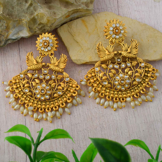 Stylish Gold Color Matte Gold Earrings With Traditional Stone Embellishment