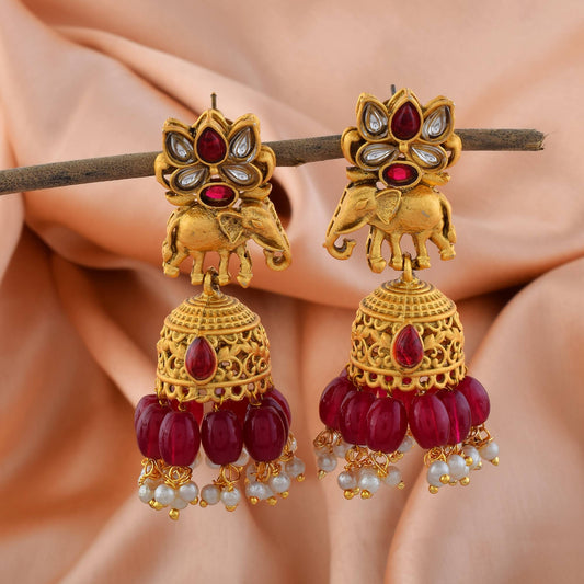 Stunning Maroon Color Matte Gold Earrings With Artistic Detailing For Brides