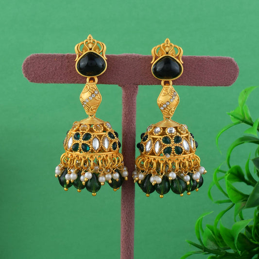 Beautiful Green Color Matte Gold Earrings With Kundan Stone Work Design