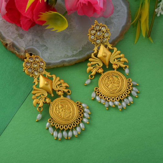 Elegant Gold Color Matte Gold Earrings With Meenakari And Kundan Design